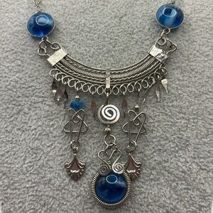 Mystical Silver and Blue Glass Celestial Necklace 15”